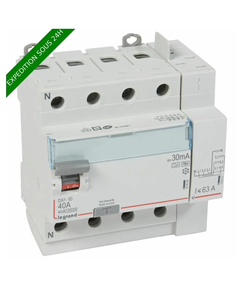 Interrupteur différentiel DX³-ID arrivée haut à vis et départ haut automatique - 4P 400V~ 40A typeF 30mA - 5 modules réf :